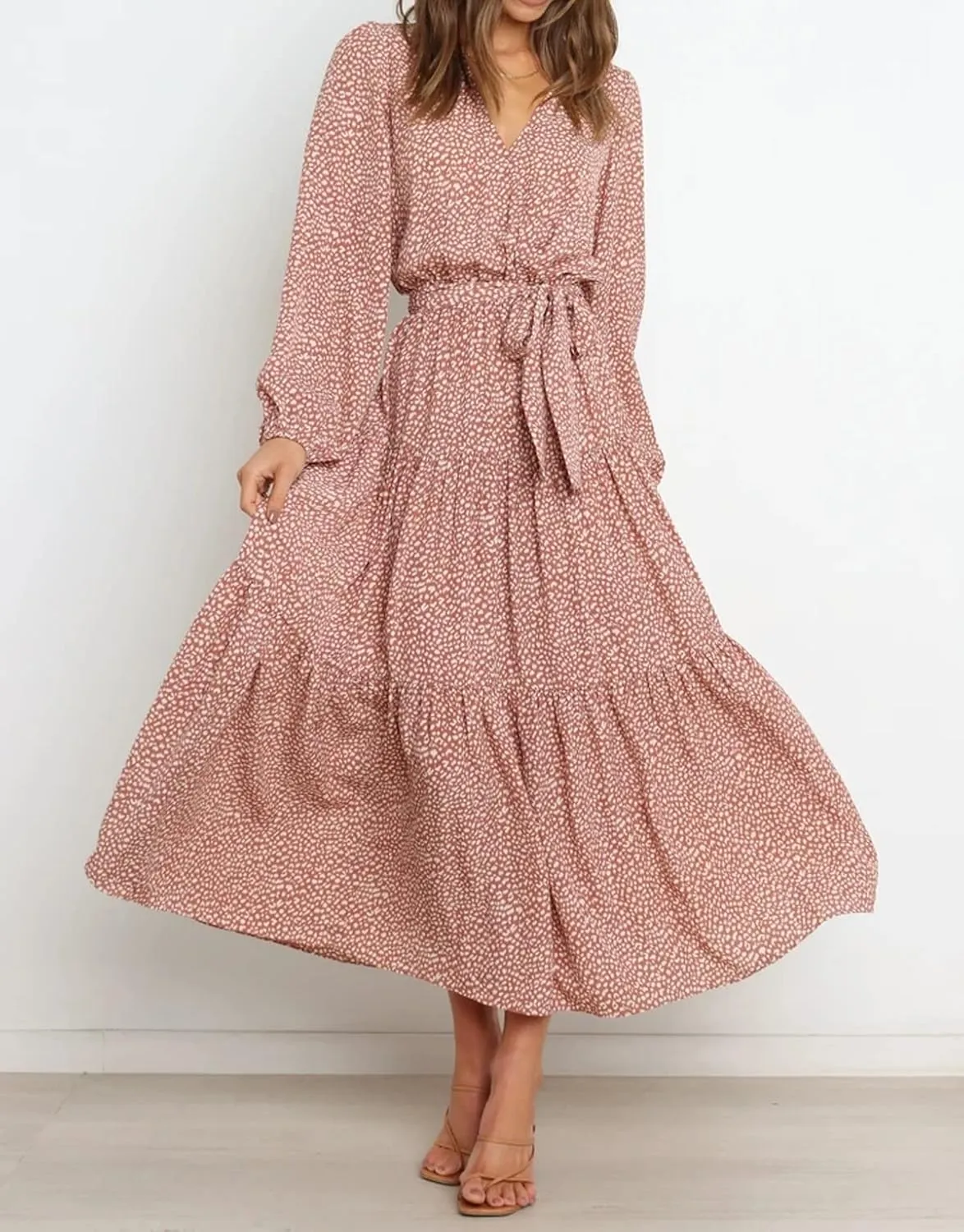 R.Vivimos Women's Fall Long Sleeve Casual Dresses Wrap V Neck Polka Dots Tiered Ruffle Flowy Midi Dress with Belt