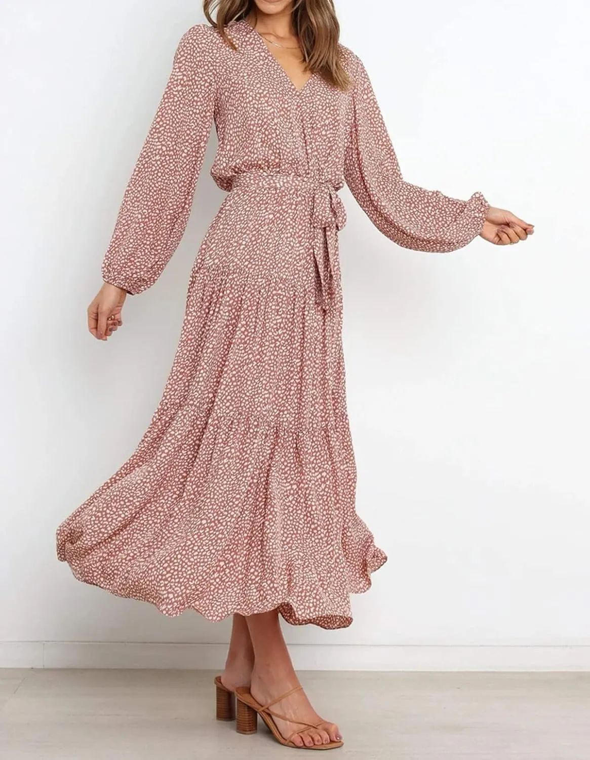 R.Vivimos Women's Fall Long Sleeve Casual Dresses Wrap V Neck Polka Dots Tiered Ruffle Flowy Midi Dress with Belt