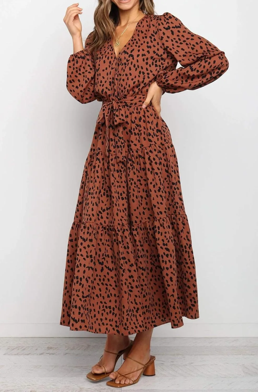 R.Vivimos Women's Fall Long Sleeve Casual Dresses Wrap V Neck Polka Dots Tiered Ruffle Flowy Midi Dress with Belt