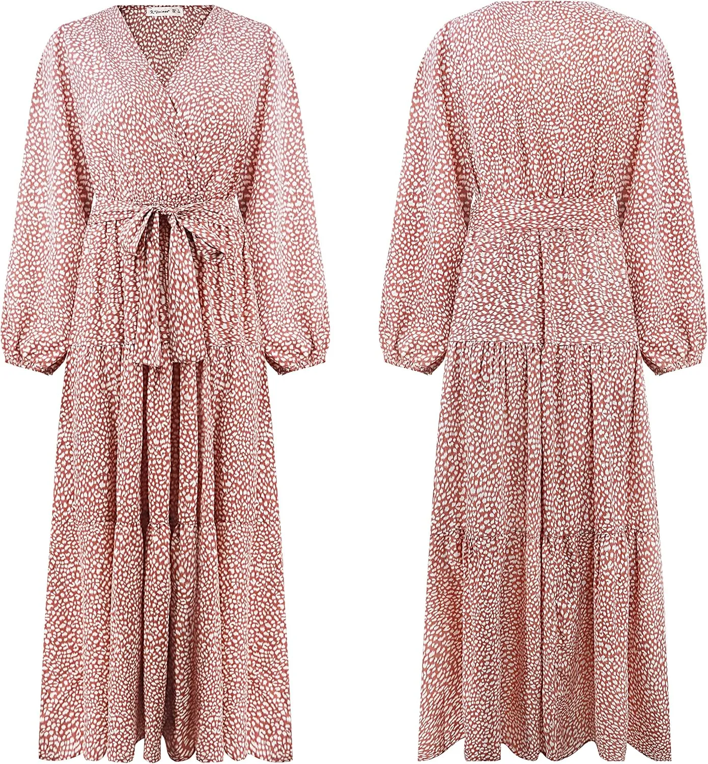 R.Vivimos Women's Fall Long Sleeve Casual Dresses Wrap V Neck Polka Dots Tiered Ruffle Flowy Midi Dress with Belt