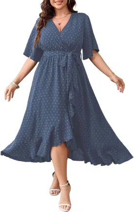 SCOMCHIC Women's Plus Size Summer Dresses Short Sleeve Wrap V Neck Swiss Dot Boho High Low Split Ruffle Maxi Dress