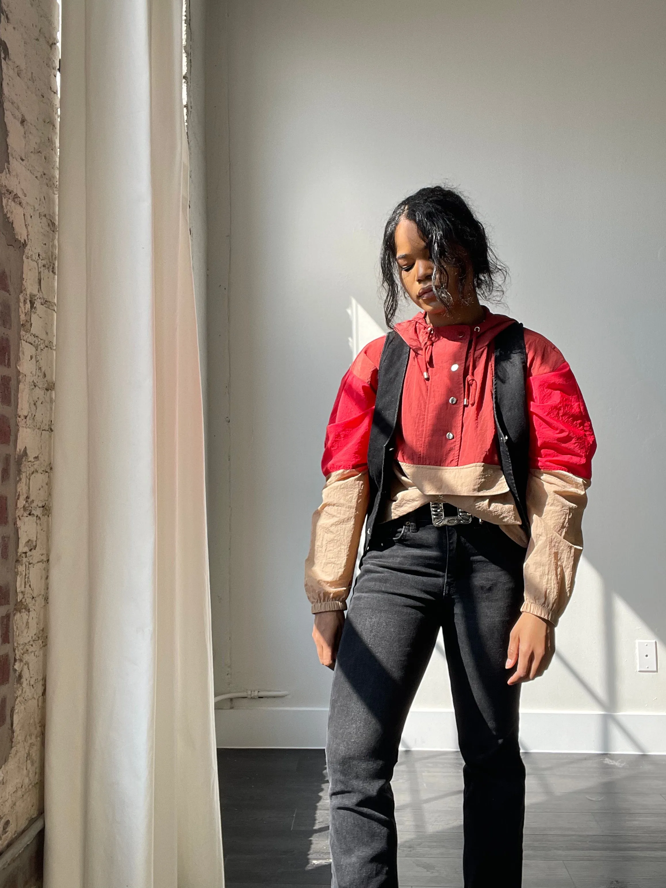 Sherry Color Block Windbreaker Jacket In Taupe Cherry