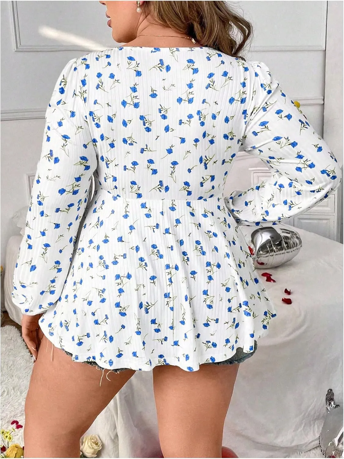 SOLY HUX Women's Plus Size T Shirt Floral Print Lace Trim Bishop Long Sleeve Ruffle Hem Tee Tops