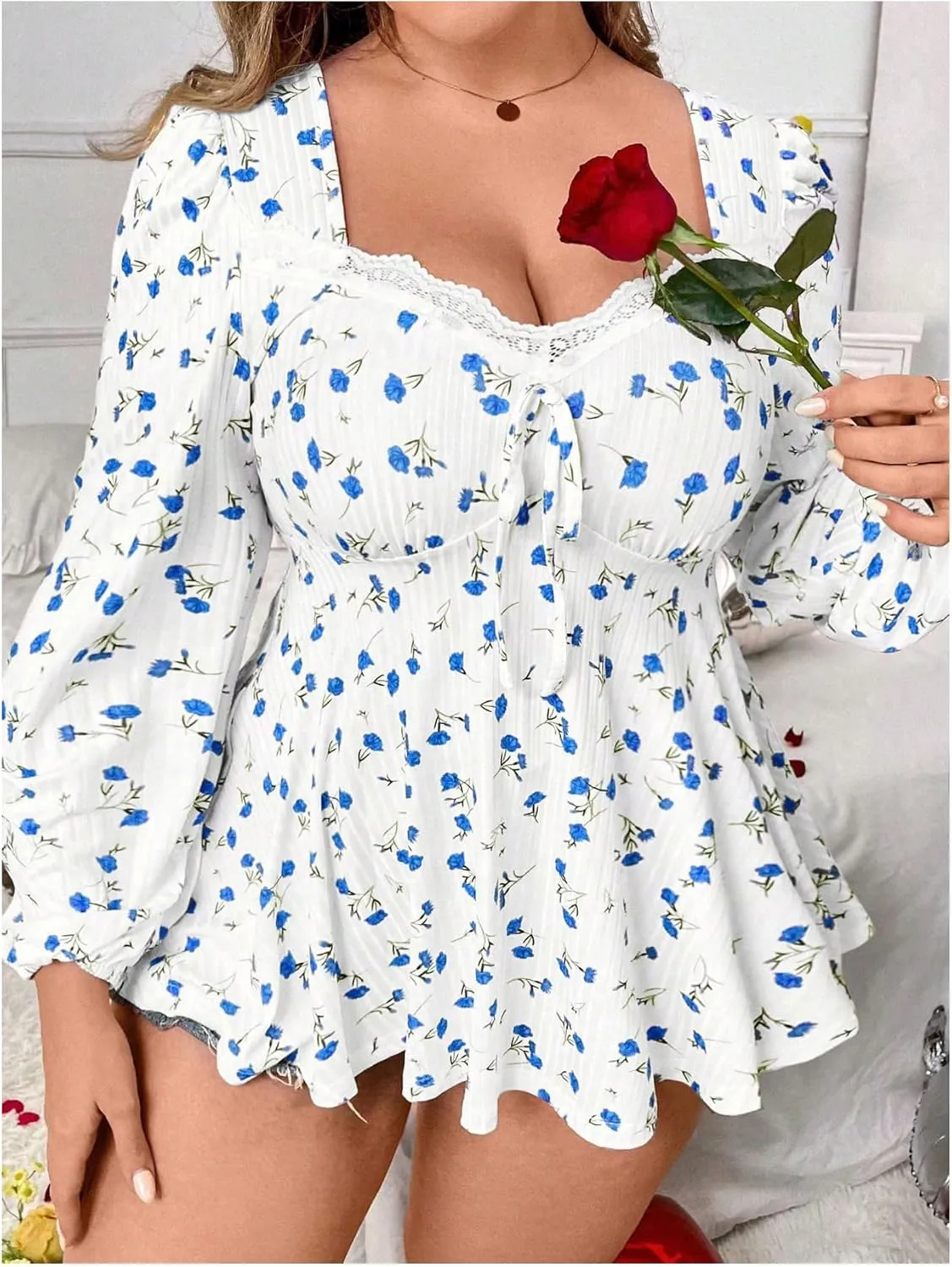 SOLY HUX Women's Plus Size T Shirt Floral Print Lace Trim Bishop Long Sleeve Ruffle Hem Tee Tops