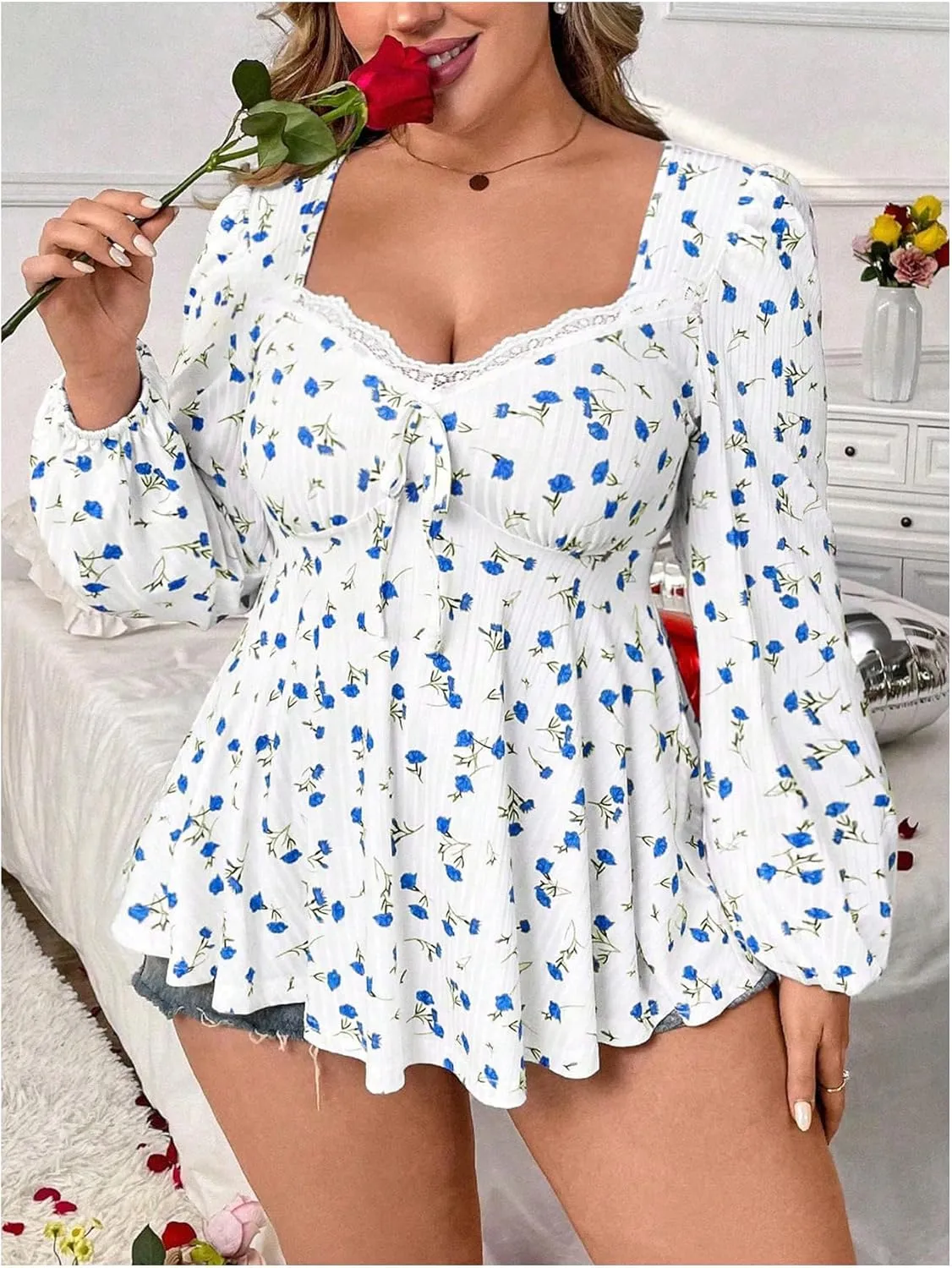 SOLY HUX Women's Plus Size T Shirt Floral Print Lace Trim Bishop Long Sleeve Ruffle Hem Tee Tops