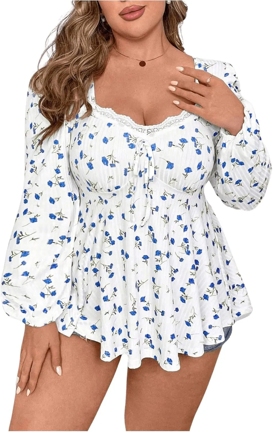 SOLY HUX Women's Plus Size T Shirt Floral Print Lace Trim Bishop Long Sleeve Ruffle Hem Tee Tops