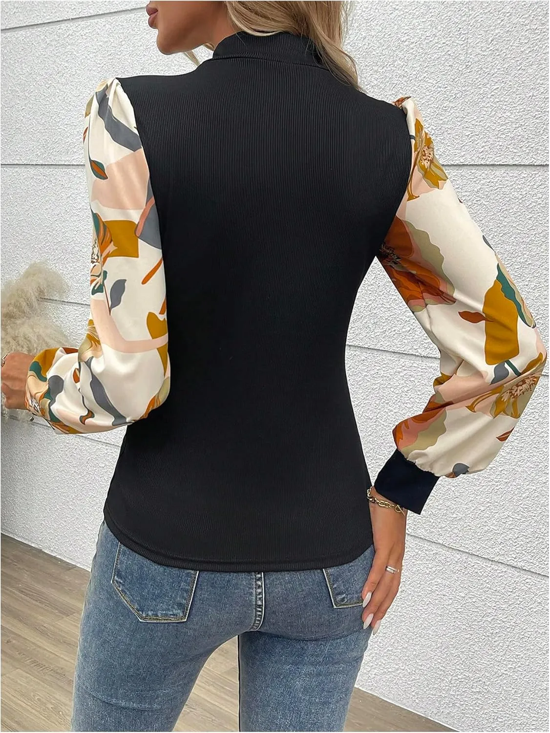 SOLY HUX Women's Striped Bishop Long Sleeve Mock Neck T Shirt Rib Knit Tee Top