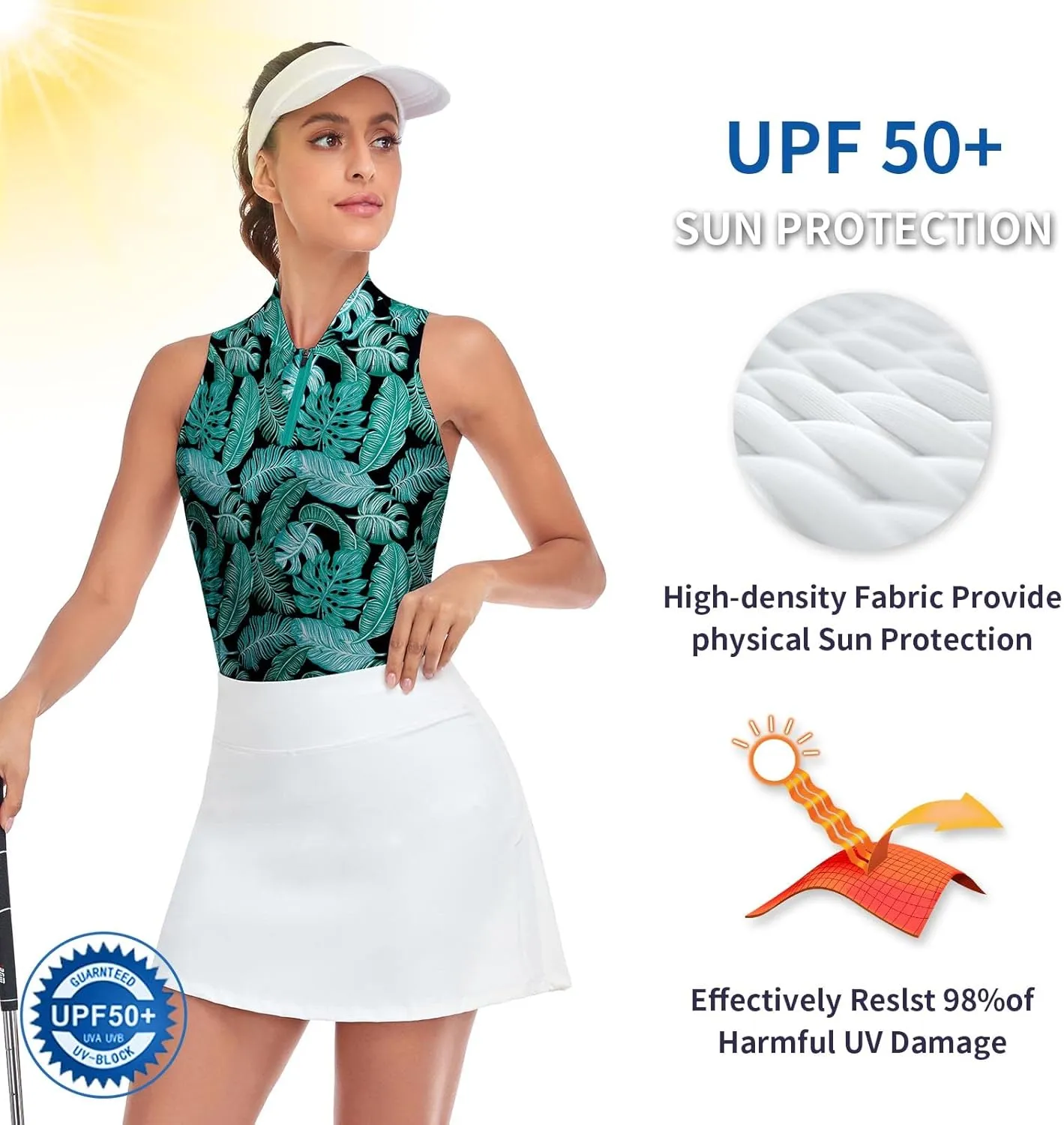 Soneven Women's Sleeveless Printed Polo Golf Shirts Quick Dry V-Neck Lightweight Tennis Tank Tops, 50  UV Protection