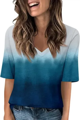 Summer Tops for Women 2025 Half Sleeve Top Printed V Neck Shirts Gradient Loose Fit Elbow Length Sleeve Blouse