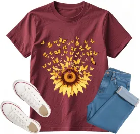 Sunflower Shirts for Women Graphic Tees Men Funny Graphic Butterfly Summer Tees T-Shirts Short Sleeve Casual Tops