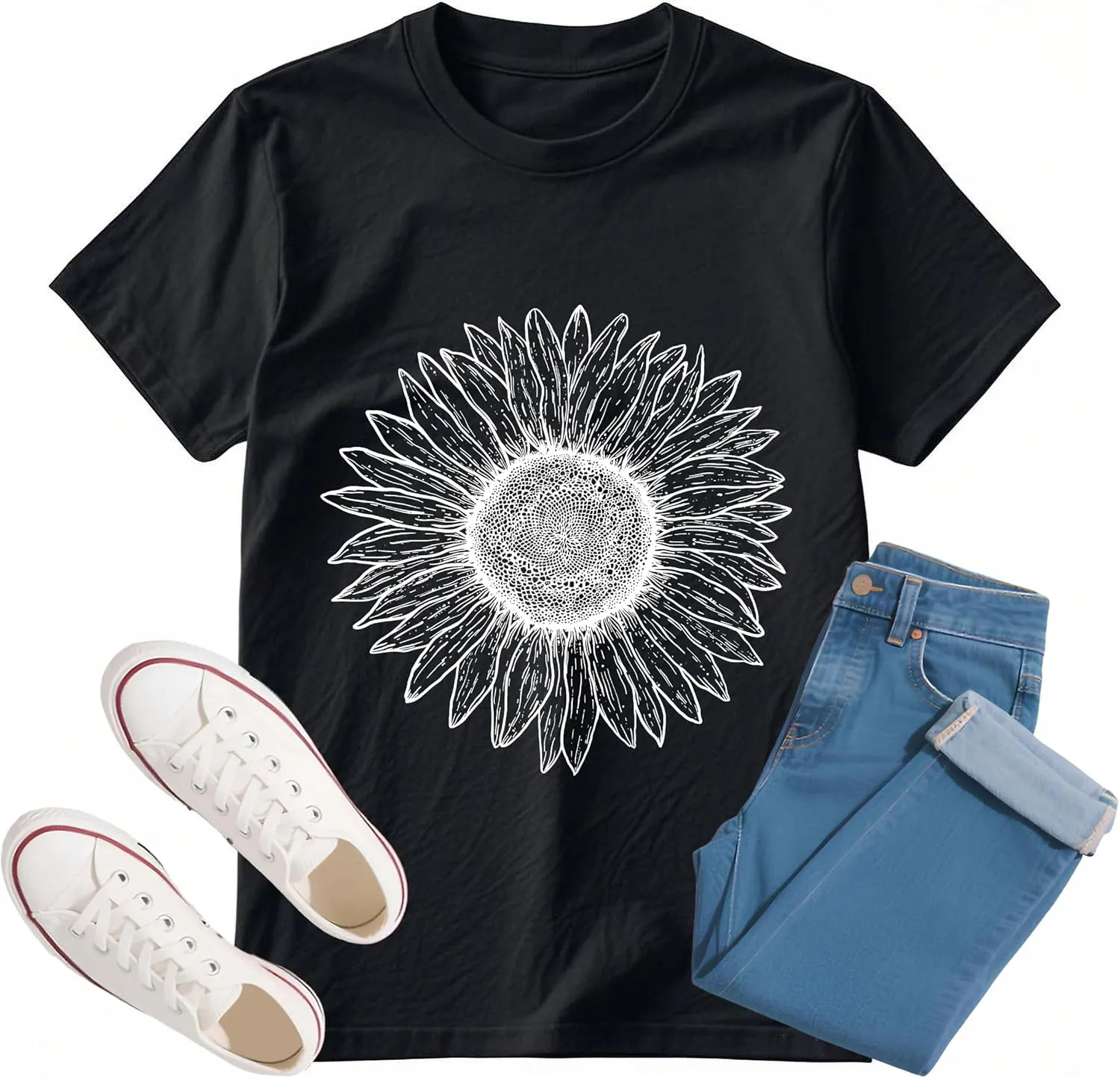 Sunflower Shirts for Women Graphic Tees Men Funny Graphic Butterfly Summer Tees T-Shirts Short Sleeve Casual Tops
