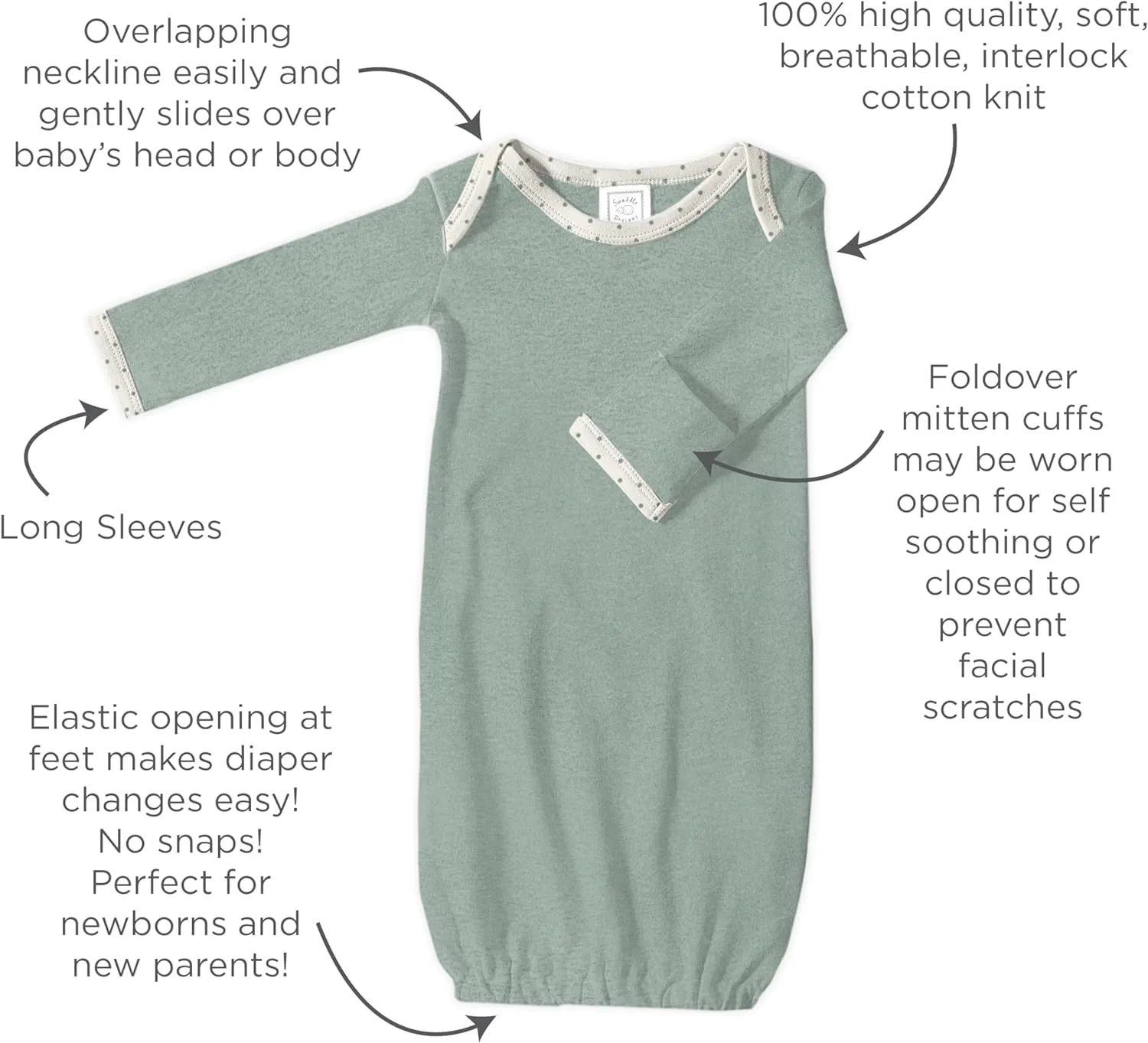 SwaddleDesigns Softest Cotton Baby Pajama Gown with Foldover Mitten Cuffs for Infant Boy and Girl, Newborn, 0-3 Months