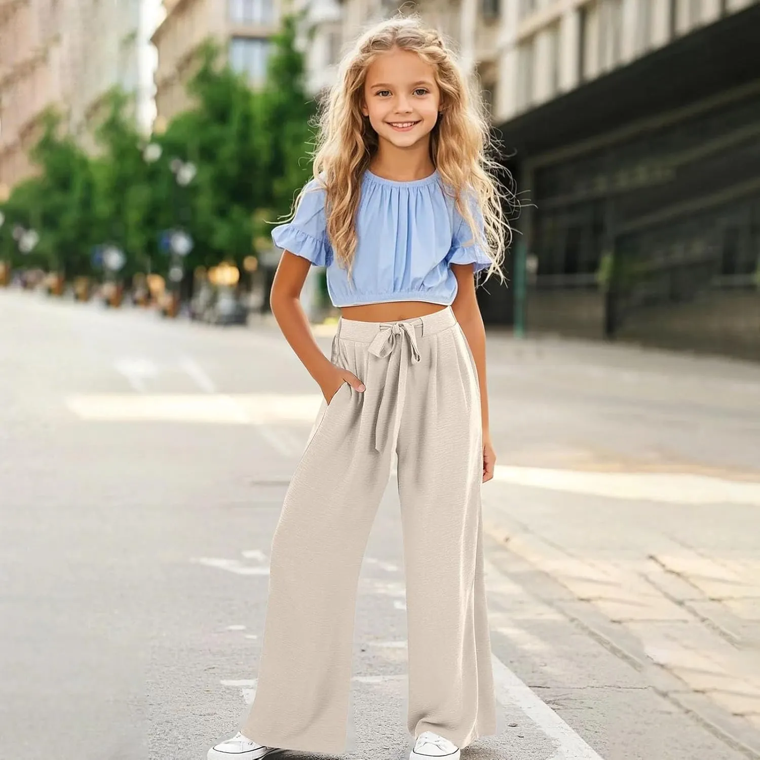 Teen Girls Cotton Linen Wide Leg Pants Drawstring Kids Oversized Casual Lightweight Flowy Palazzo Pants Lounge Long