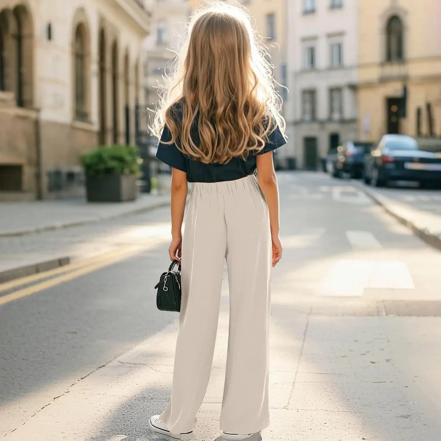 Teen Girls Cotton Linen Wide Leg Pants Drawstring Kids Oversized Casual Lightweight Flowy Palazzo Pants Lounge Long