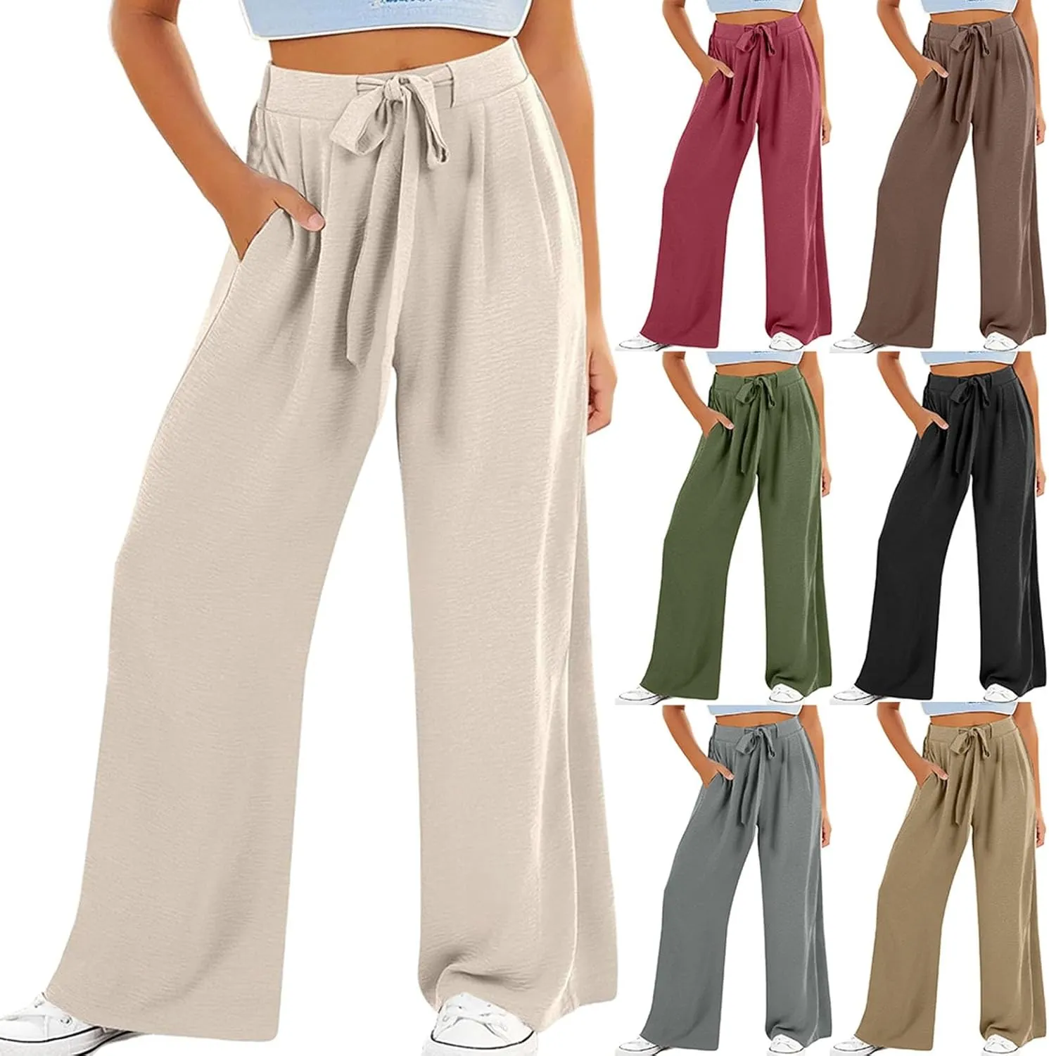 Teen Girls Cotton Linen Wide Leg Pants Drawstring Kids Oversized Casual Lightweight Flowy Palazzo Pants Lounge Long