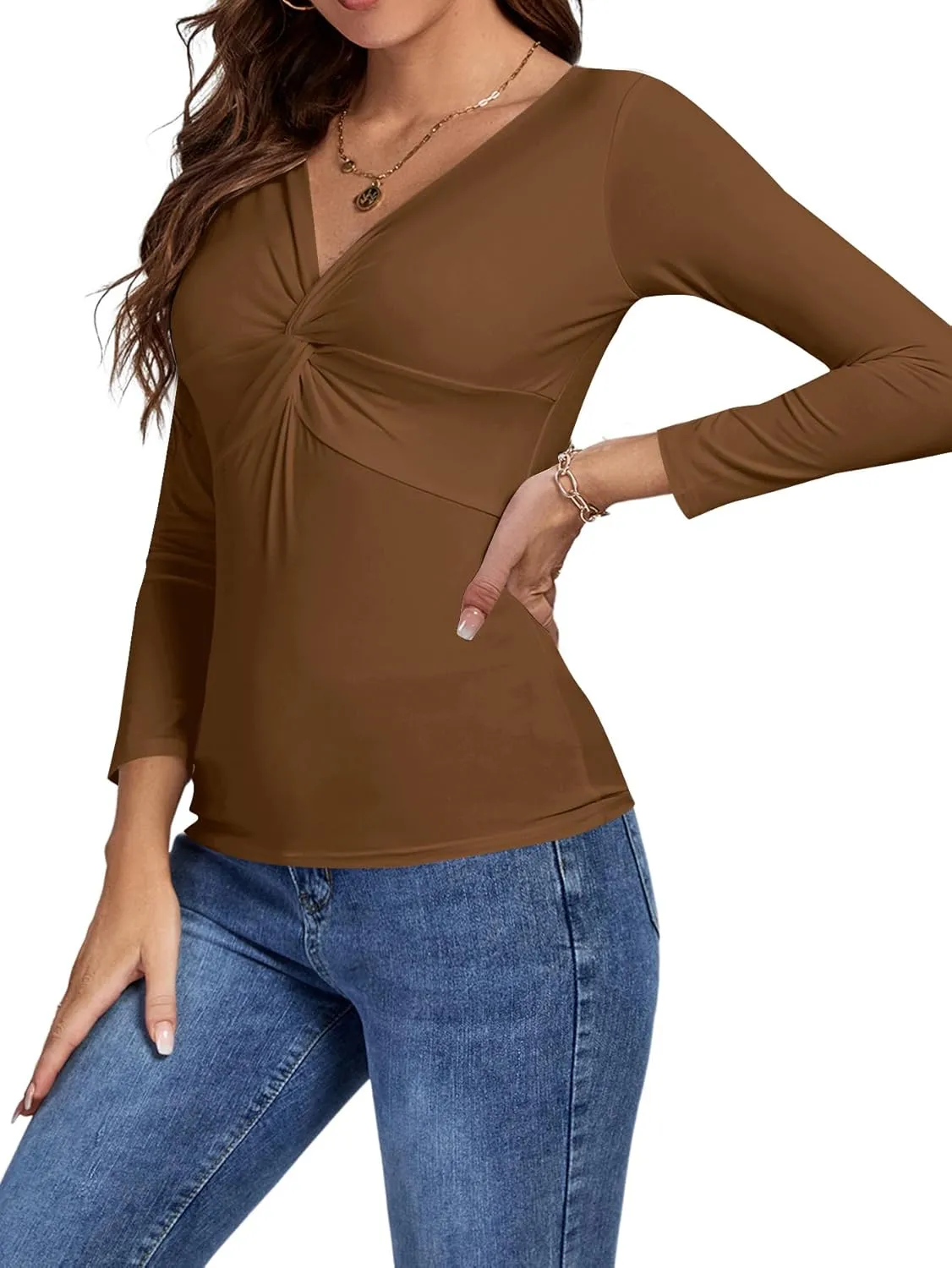 Umenlele Women's Deep V Neck Twist Knot Front Long Sleeve T-Shirt Top