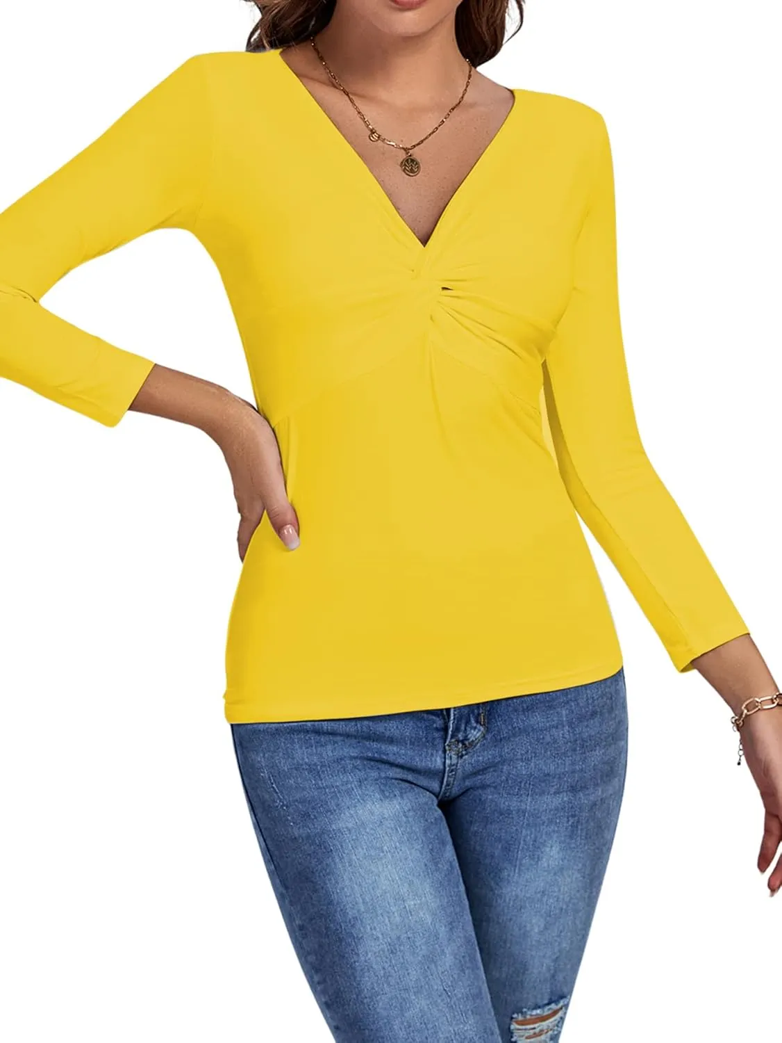 Umenlele Women's Deep V Neck Twist Knot Front Long Sleeve T-Shirt Top
