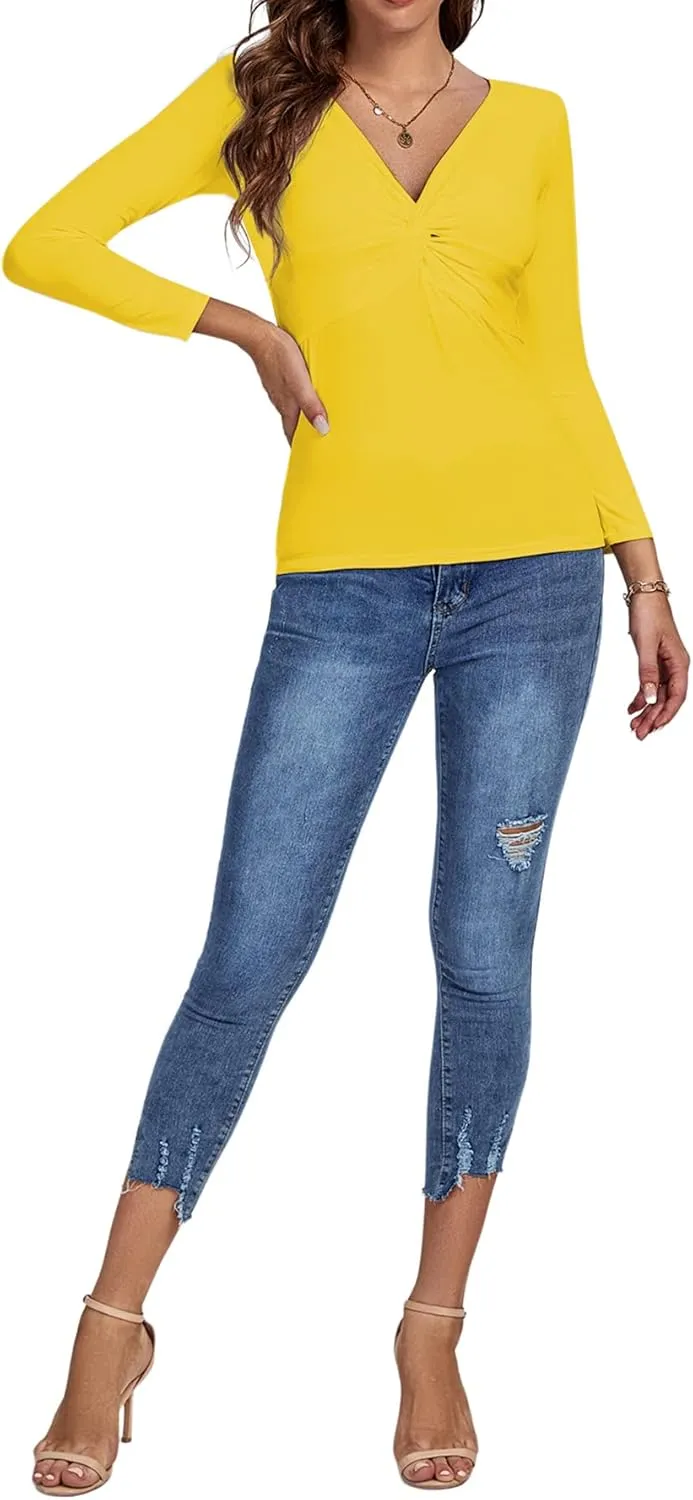 Umenlele Women's Deep V Neck Twist Knot Front Long Sleeve T-Shirt Top