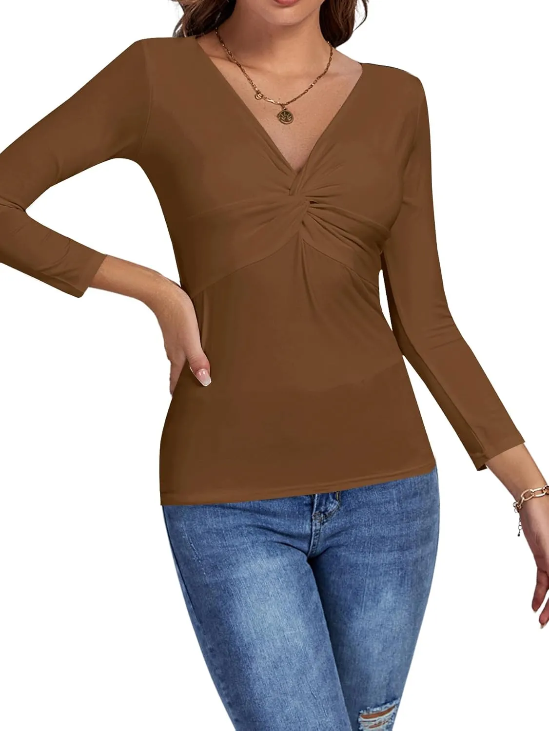 Umenlele Women's Deep V Neck Twist Knot Front Long Sleeve T-Shirt Top