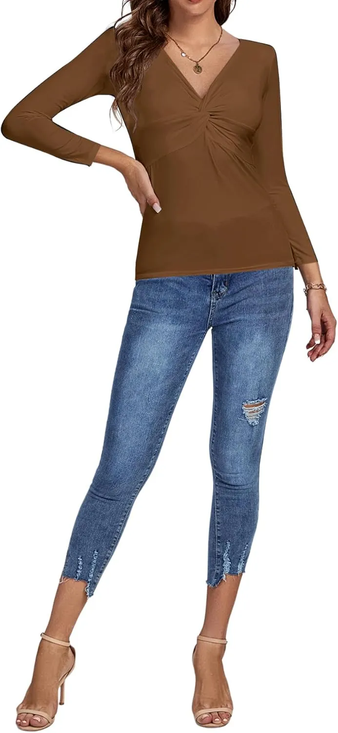 Umenlele Women's Deep V Neck Twist Knot Front Long Sleeve T-Shirt Top