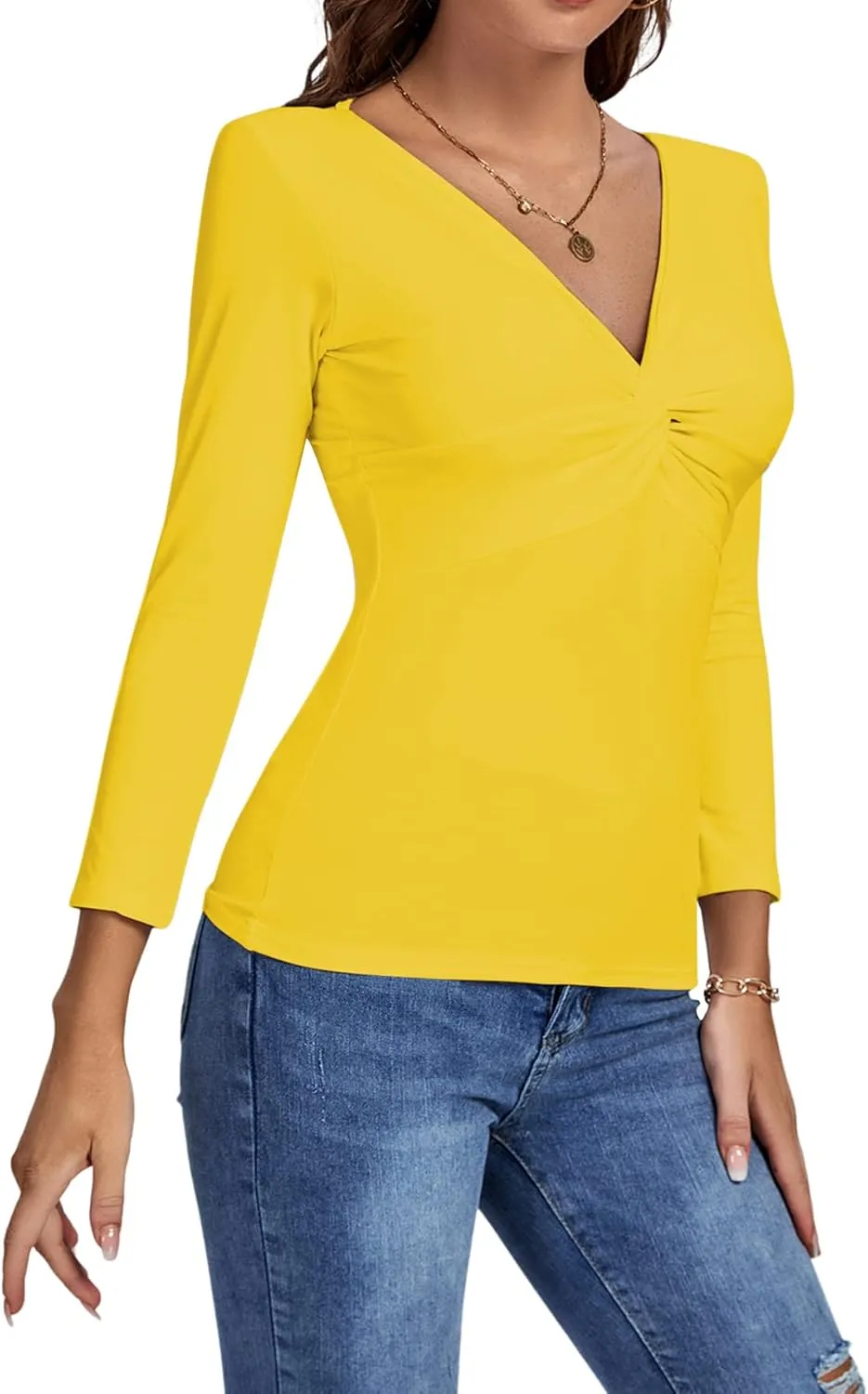 Umenlele Women's Deep V Neck Twist Knot Front Long Sleeve T-Shirt Top