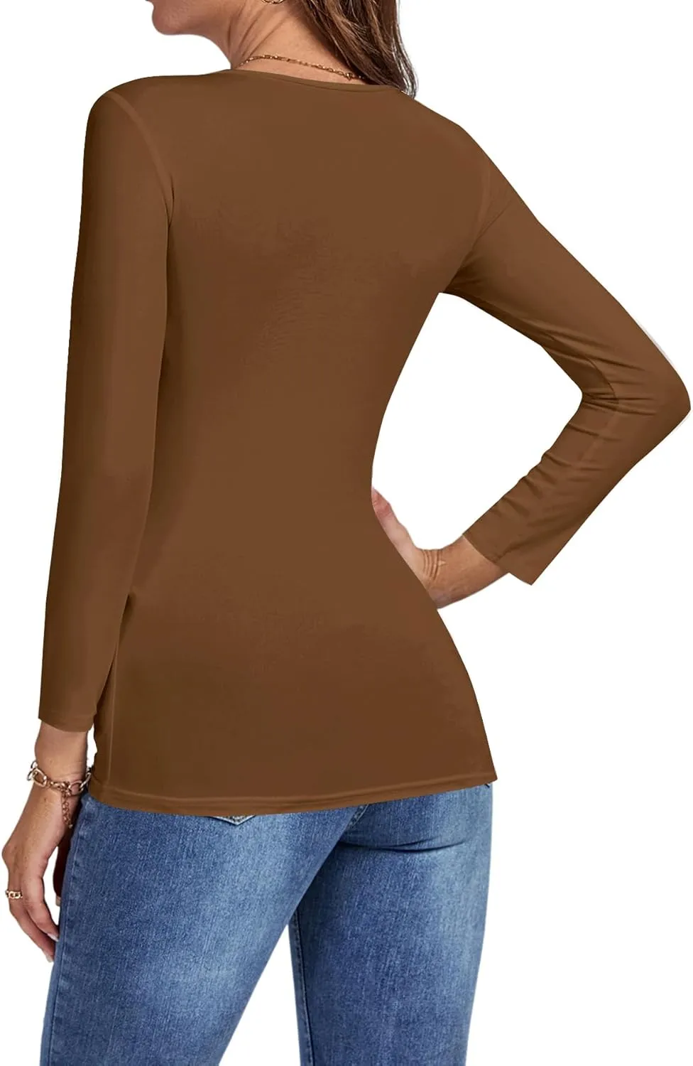 Umenlele Women's Deep V Neck Twist Knot Front Long Sleeve T-Shirt Top