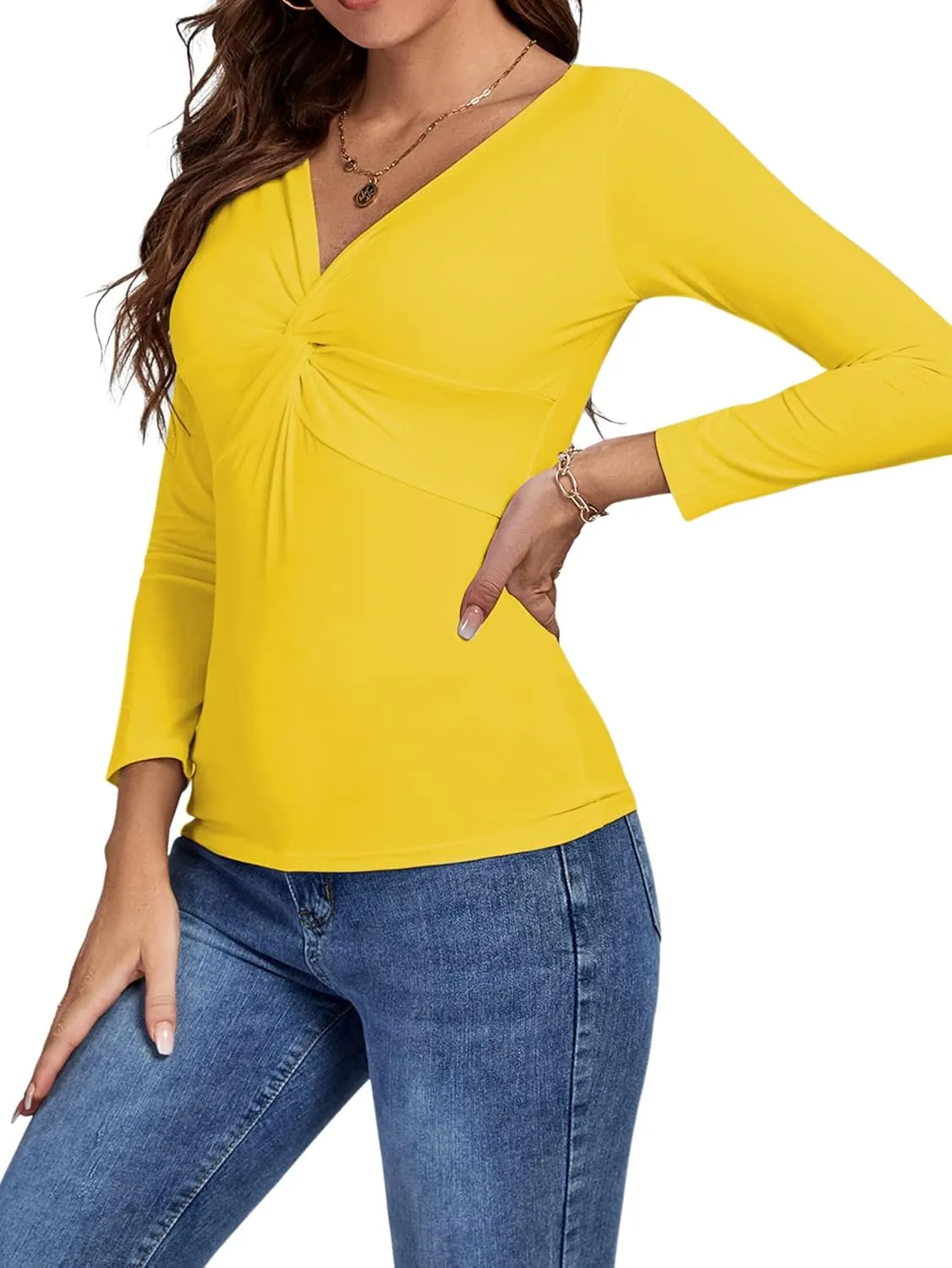 Umenlele Women's Deep V Neck Twist Knot Front Long Sleeve T-Shirt Top