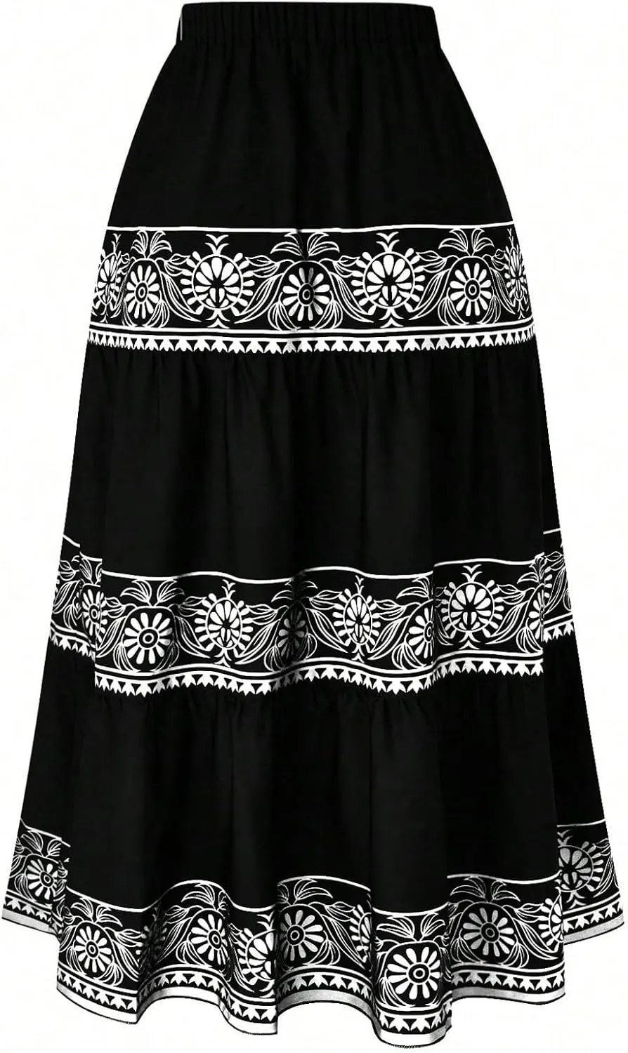 Verdusa Women's Plus Size Floral Tiered Maxi Skirt High Waist Flowy A Line Ruffle Skirts