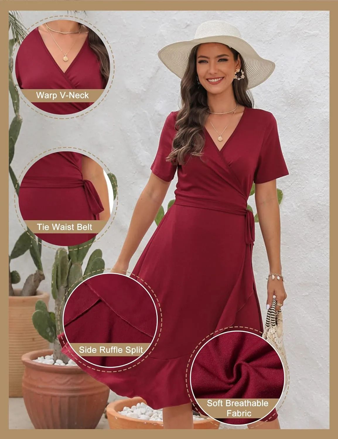 WINDMILL Women V-Neck Wrap Dress Short Sleeve Tie Waist Midi Flowy Beach Summer Dresses