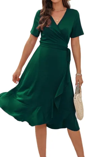 WINDMILL Women V-Neck Wrap Dress Short Sleeve Tie Waist Midi Flowy Beach Summer Dresses
