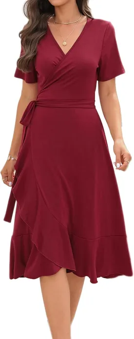 WINDMILL Women V-Neck Wrap Dress Short Sleeve Tie Waist Midi Flowy Beach Summer Dresses