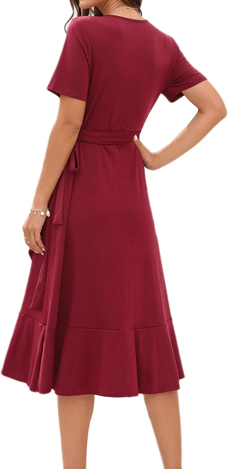 WINDMILL Women V-Neck Wrap Dress Short Sleeve Tie Waist Midi Flowy Beach Summer Dresses