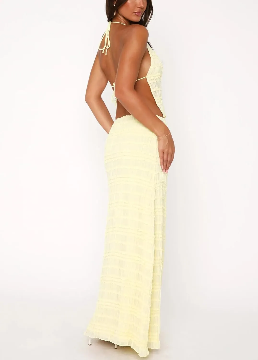 Womens 2 Piece Maxi Skirt Set Y2k Lace Up Halter Neck Tops and Flowy Long Skirt Summer Backless Beach Outfits