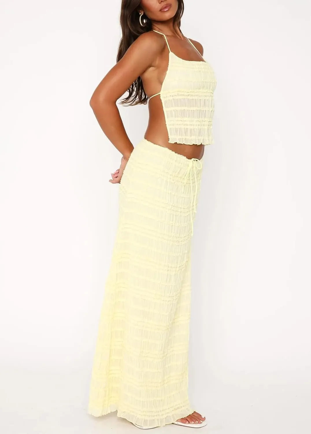 Womens 2 Piece Maxi Skirt Set Y2k Lace Up Halter Neck Tops and Flowy Long Skirt Summer Backless Beach Outfits