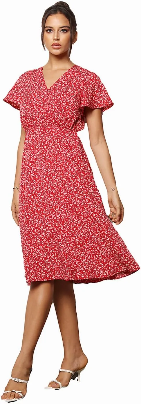 Women's 2025 Fashion V Neck Wrap Midi Dress with Pockets Clothes Dresses