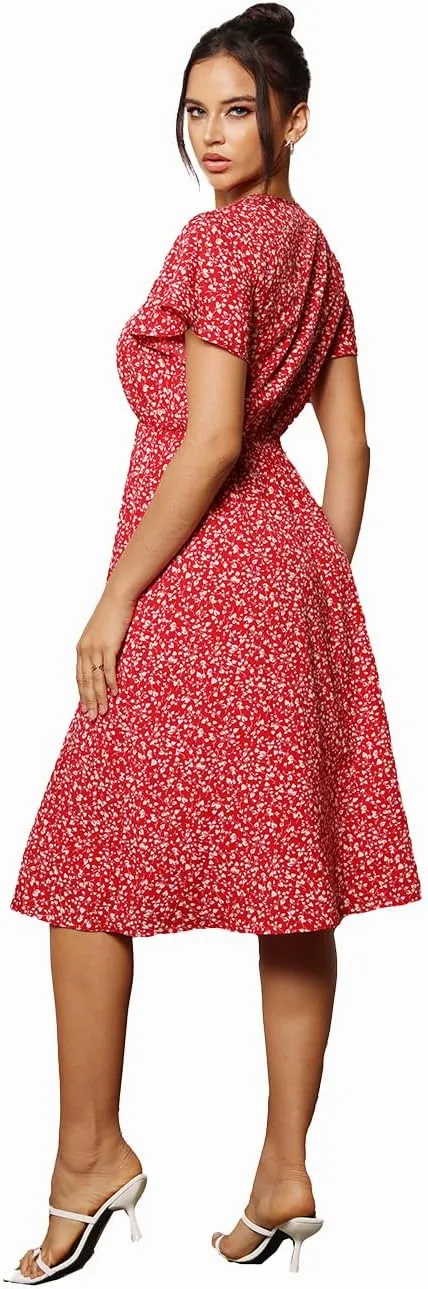 Women's 2025 Fashion V Neck Wrap Midi Dress with Pockets Clothes Dresses