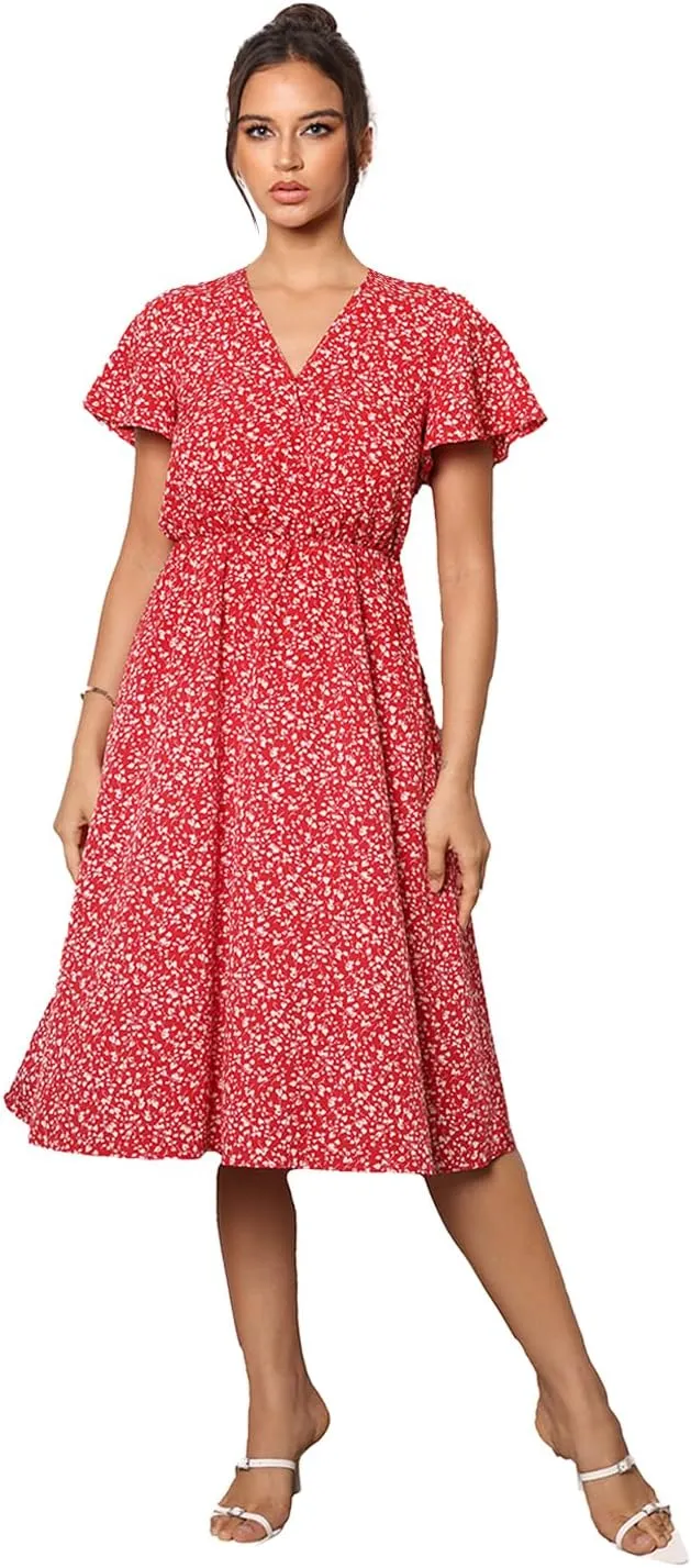 Women's 2025 Fashion V Neck Wrap Midi Dress with Pockets Clothes Dresses