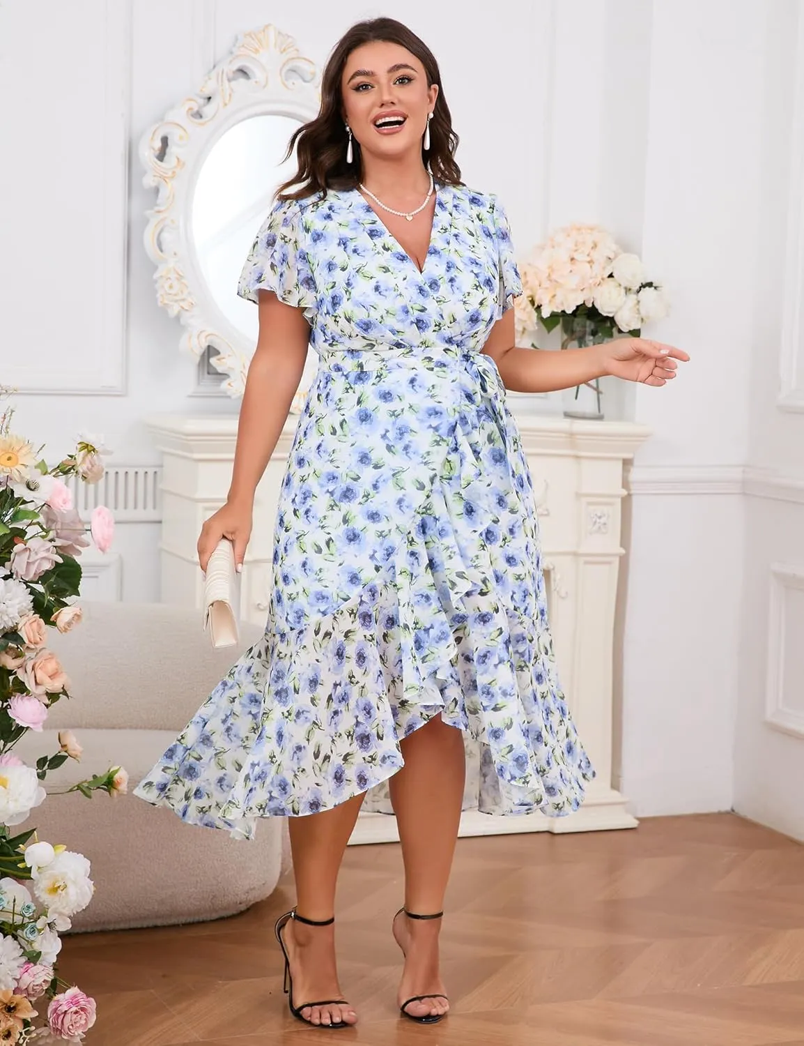 Womens 2025 Floral Summer Dress Wrap V Neck Plus Size Boho Belted Ruffle Hem Flowy Maxi Dresses