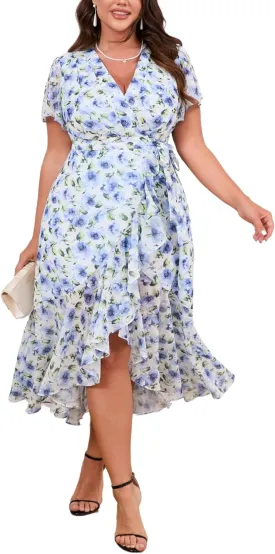 Womens 2025 Floral Summer Dress Wrap V Neck Plus Size Boho Belted Ruffle Hem Flowy Maxi Dresses