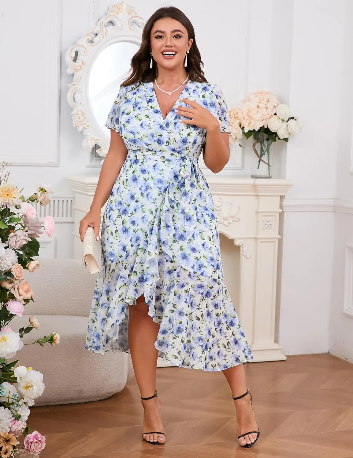 Womens 2025 Floral Summer Dress Wrap V Neck Plus Size Boho Belted Ruffle Hem Flowy Maxi Dresses