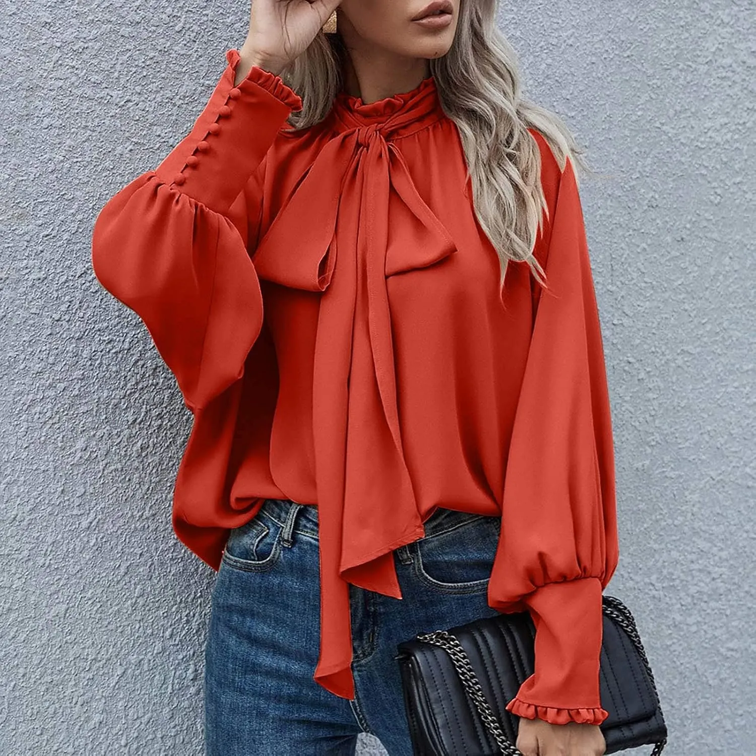 Women's Bow Tie Neck Shirts Casual Long Lantern Sleeve Tops Mock Neck Solid Color Blouses Dressy Elegant Work