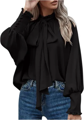 Women's Bow Tie Neck Shirts Casual Long Lantern Sleeve Tops Mock Neck Solid Color Blouses Dressy Elegant Work