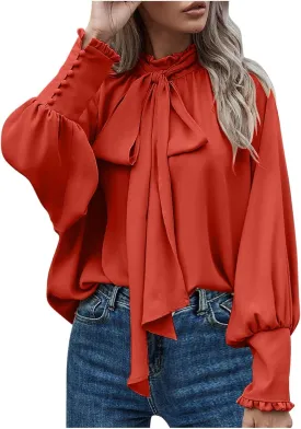 Women's Bow Tie Neck Shirts Casual Long Lantern Sleeve Tops Mock Neck Solid Color Blouses Dressy Elegant Work
