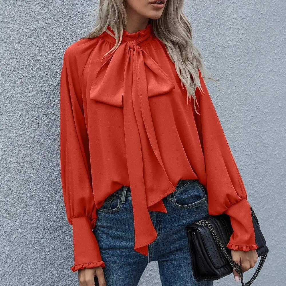 Women's Bow Tie Neck Shirts Casual Long Lantern Sleeve Tops Mock Neck Solid Color Blouses Dressy Elegant Work