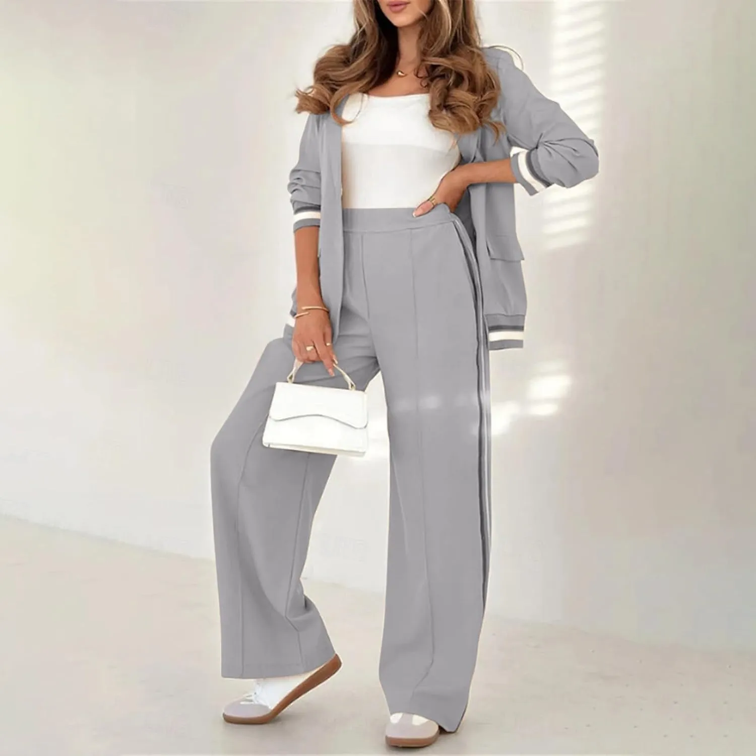 Women's Fall Spring 2 Piece Blazer Outfits Business Casual Oversized Jacket Wide Leg Work Pants Dressy Suit Se