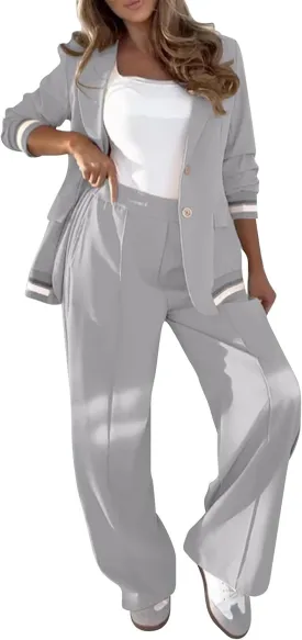 Women's Fall Spring 2 Piece Blazer Outfits Business Casual Oversized Jacket Wide Leg Work Pants Dressy Suit Se