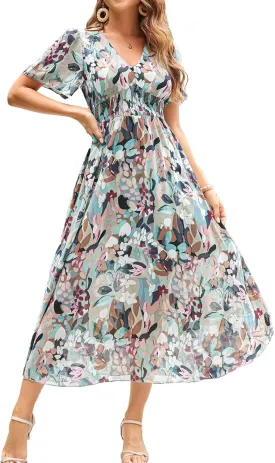 Women's Floral Maxi Dress Flowy V Neck Empire Waist Summer Wedding Guest Party Casual Chiffon Dress
