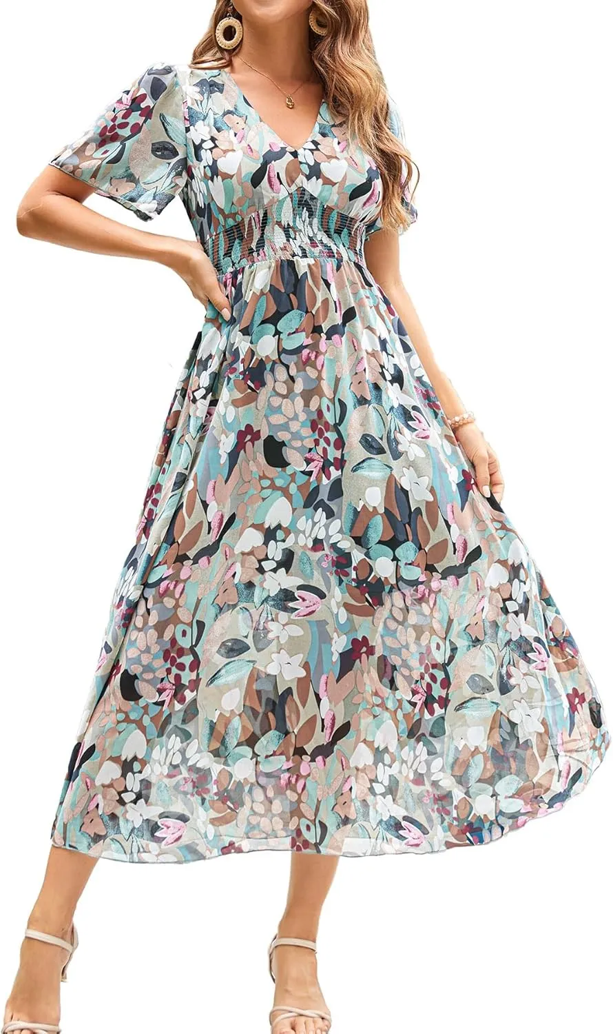 Women's Floral Maxi Dress Flowy V Neck Empire Waist Summer Wedding Guest Party Casual Chiffon Dress