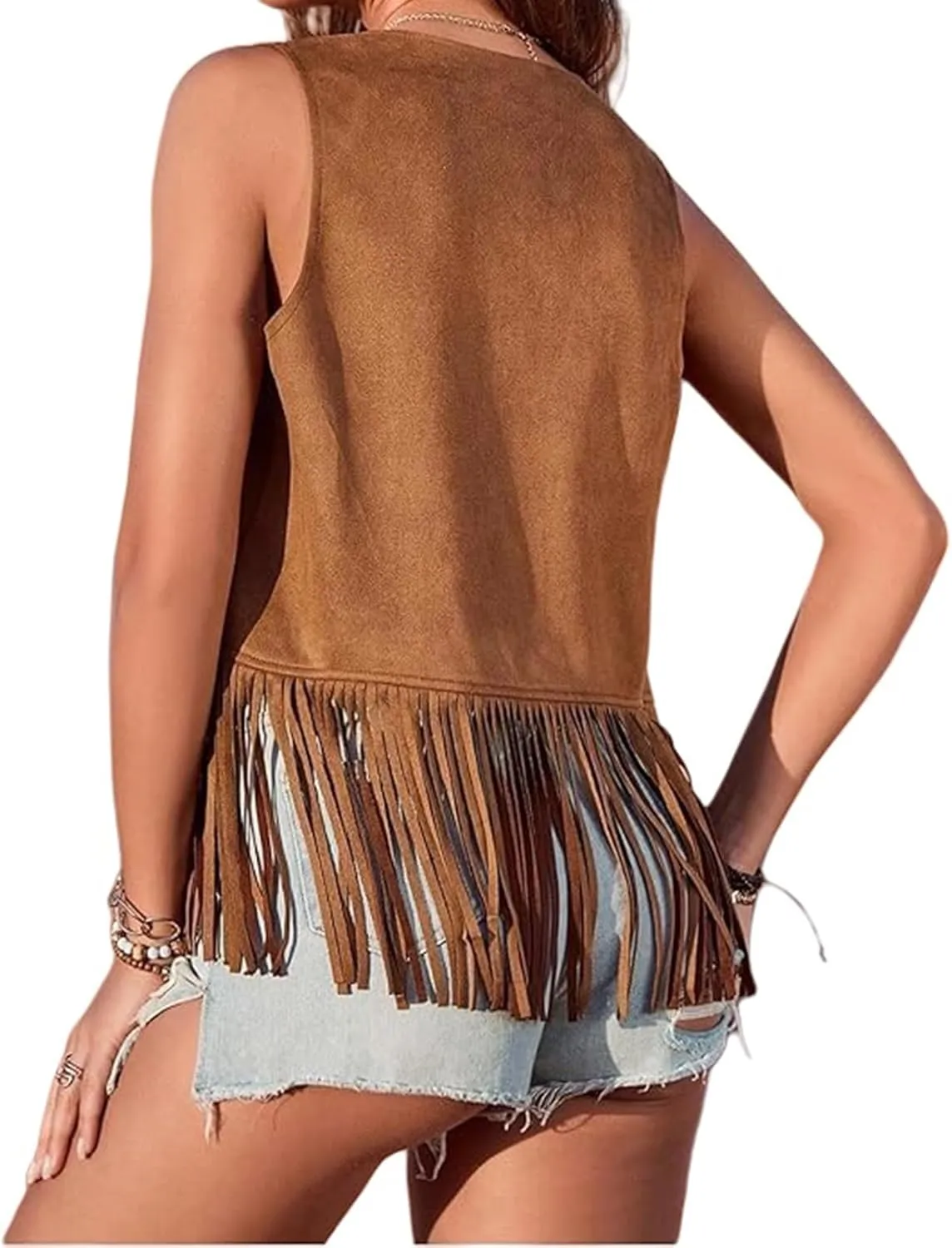 Womens Fringe Vest 70s Hippie Costume Open Front Tassel Vest Western Faux Suede Cowgirl Cardigan Jacket Outerwear