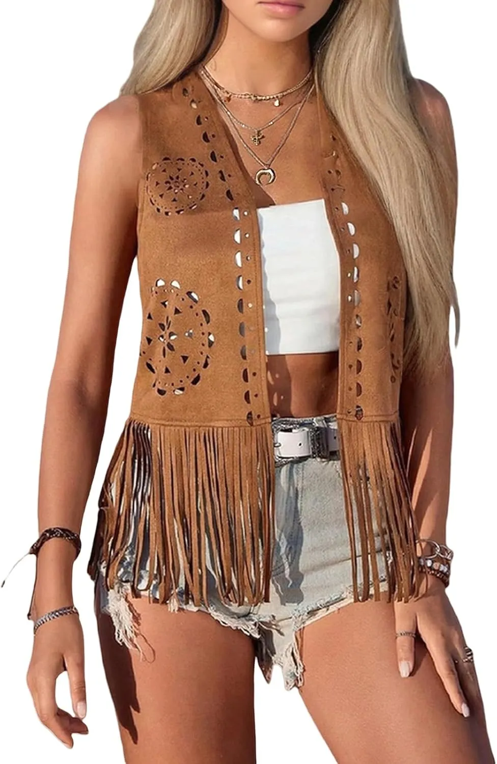 Womens Fringe Vest 70s Hippie Costume Open Front Tassel Vest Western Faux Suede Cowgirl Cardigan Jacket Outerwear